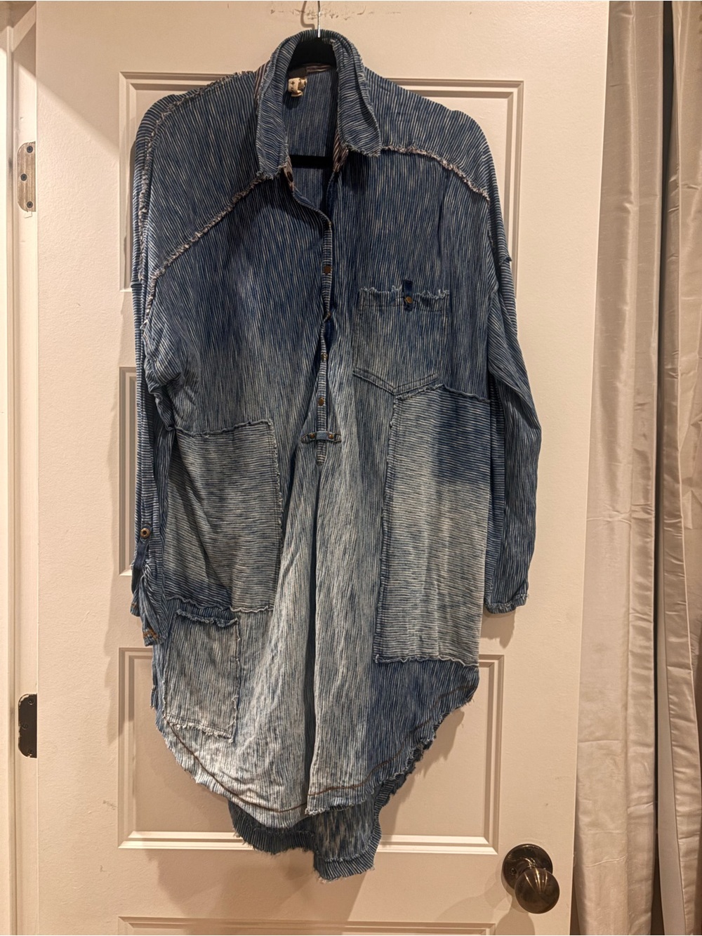 Free People Blue Washed Striped Longline Button-Up Shirt